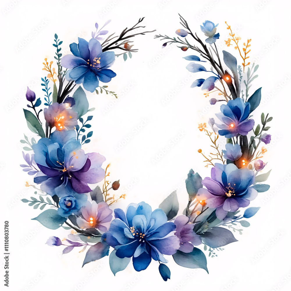 Fototapeta premium Watercolor Wreath of Flowers with Lights