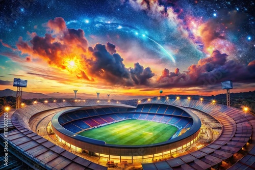 Surreal Dreamscape of Nou Camp: An Ethereal Landscape Blending the Grandeur of a Stadium with Surreal Elements and Fantastical Imagery Under a Starry Night Sky