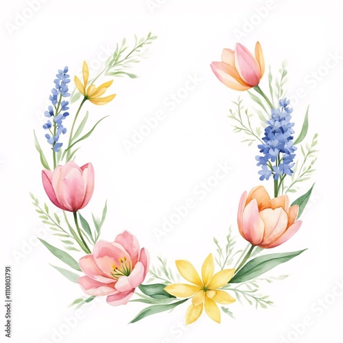 Romantic Spring Watercolor Wreath with Tulips and Hyacinths in Pastel Colors for Celebrations 8th March