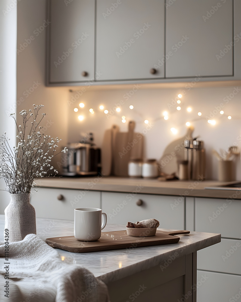 A serene kitchen featuring soft lighting, a coffee cup, and rustic decor. A serene kitchen featuring soft lighting, a coffee cup, and rustic decor.