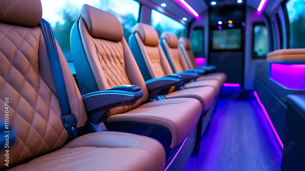 Fototapeta premium Luxurious interior of a modern van featuring plush, tan leather seats and ambient purple lighting, creating a stylish travel experience.