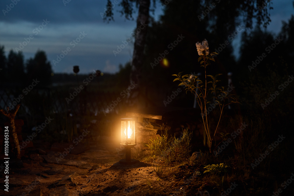 Fototapeta premium A Serene Evening Scene Featuring a Lantern and a Beautiful Flower in the Twilight Sky