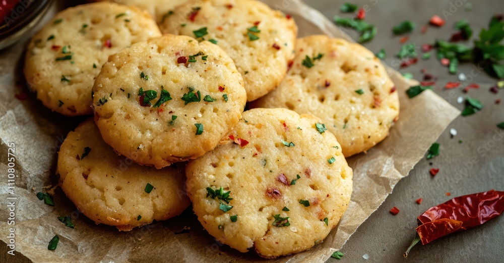 Cheese cookies with chili and herbs. AI generated illustration. Cheese cookies with chili and herbs. AI generated illustration.