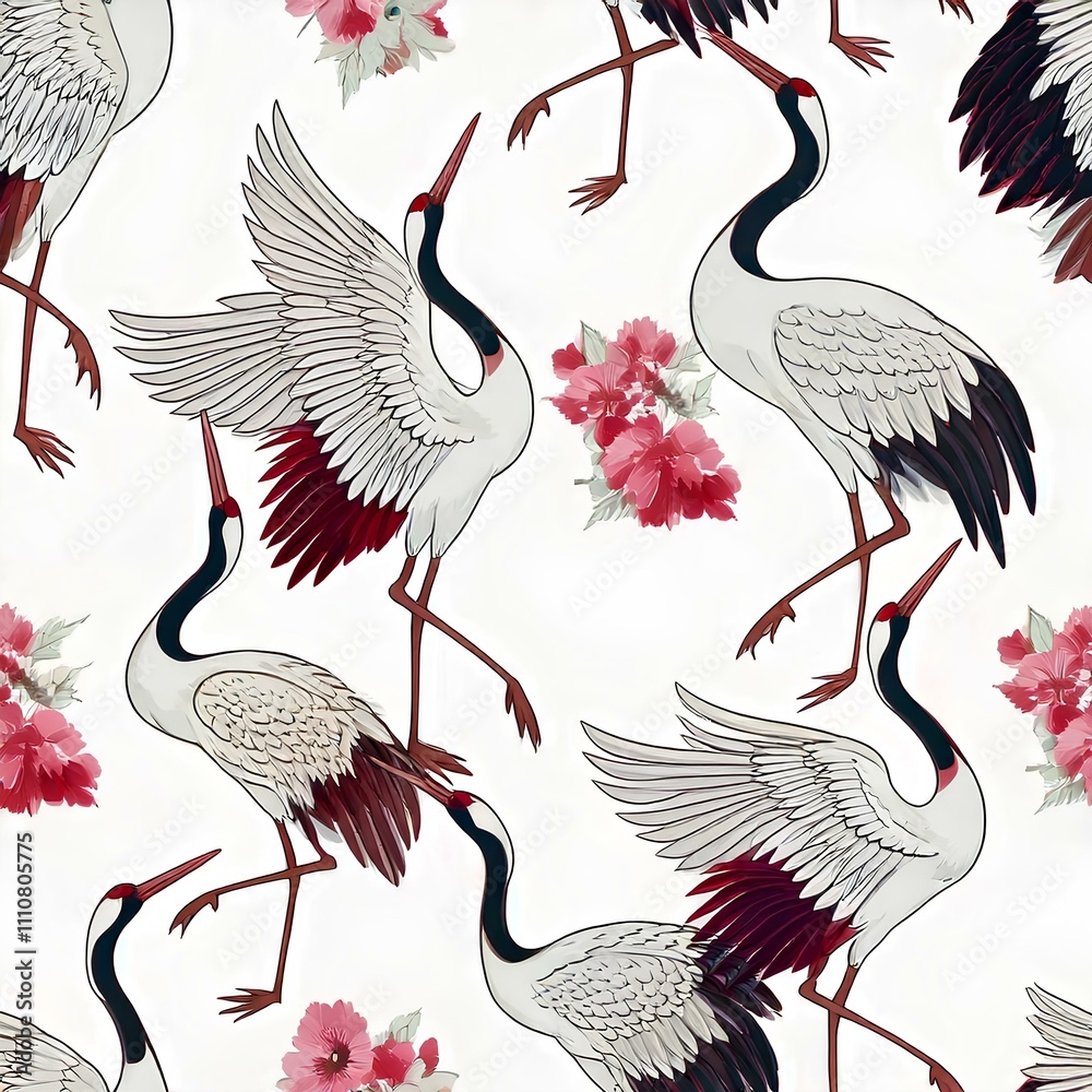 Naklejka premium Seamless pattern of a Set of crane, isolated of Japanese kimono style on white background.