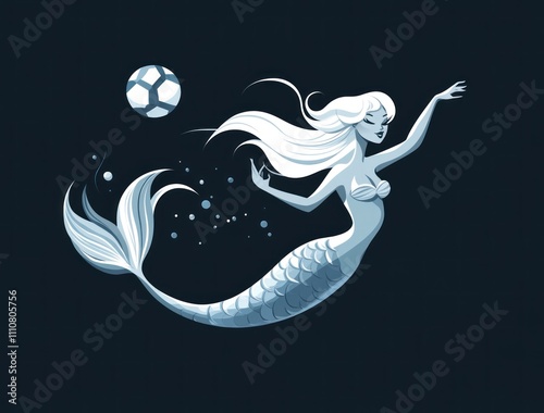 Here's a suggested  and keywords for your stock photo.. Elegant mermaid playing with a ball underwater. photo