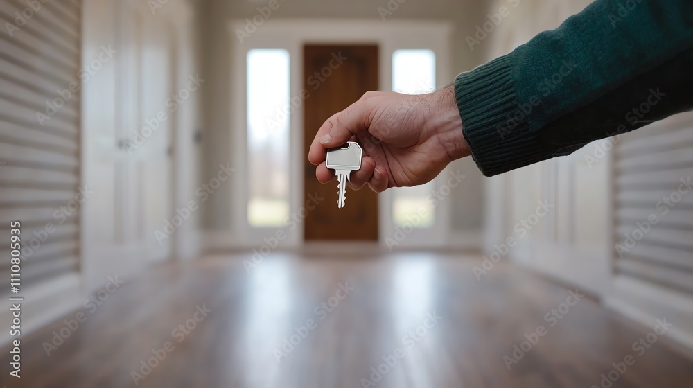 Real estate agent holding keys out to client in front of new home ...