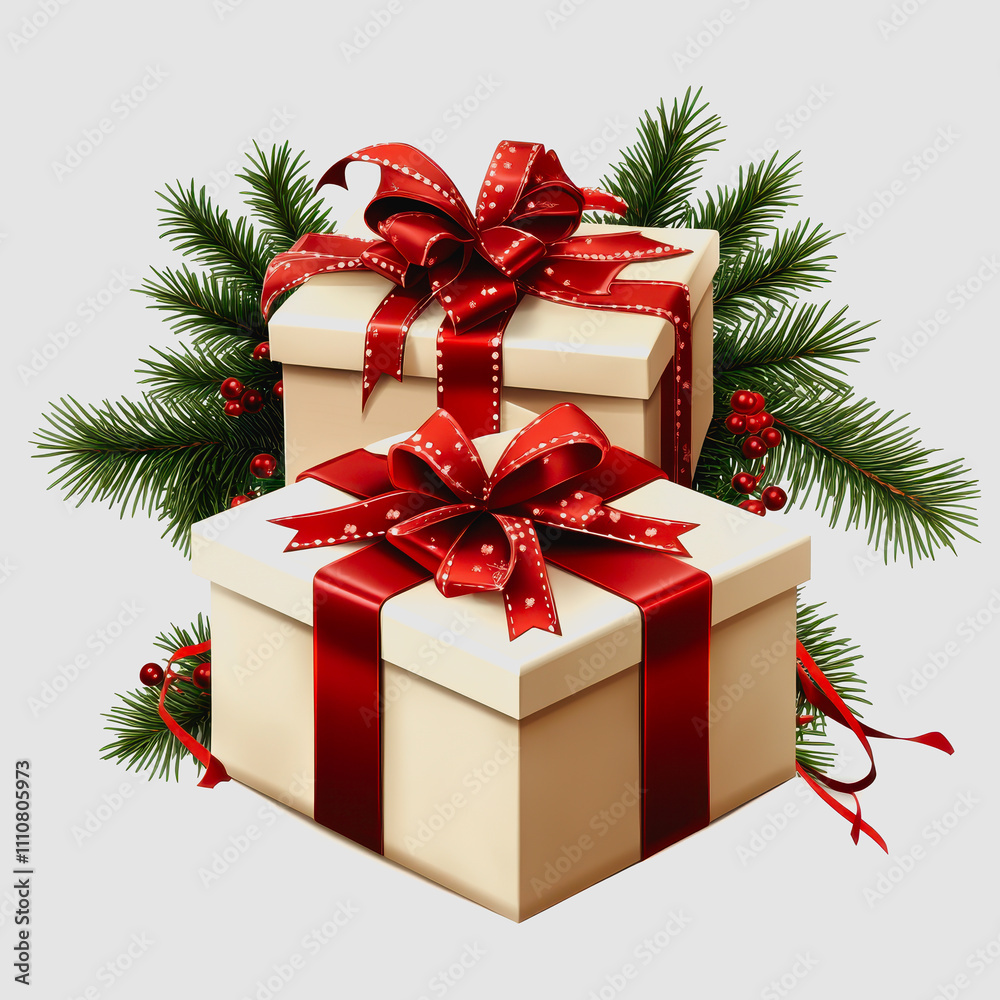 Elegant Holiday Gift Boxes with Red Ribbons and Pine Greenery, Perfect for Celebrating Festive Occasions and Creating Joyful Atmospheres Elegant Holiday Gift Boxes with Red Ribbons and Pine Greenery, Perfect for Celebrating Festive Occasions and Creating Joyful Atmospheres