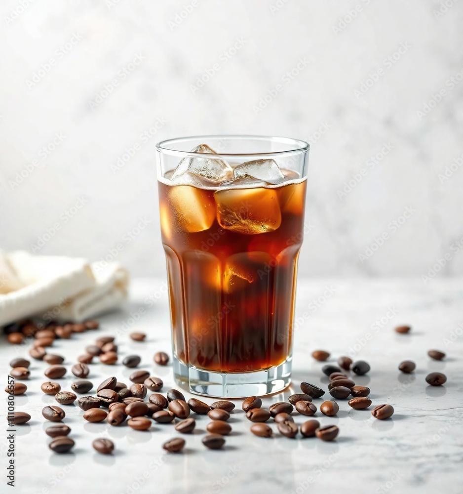 Warm brown liquid in a glass with ice and coffee beans on the table, rustic decor, coffee beans, cold brew