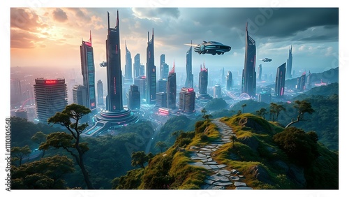 Cyberpunk Cityscape with Hiking Trail at Sunset