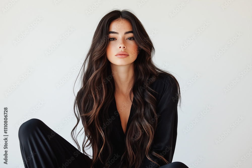 A beautiful brunette woman with long hair, wearing black pajamas and sitting on the floor, posing for an editorial photoshoot in front of a white background, looking straight at the camera A beautiful brunette woman with long hair, wearing black pajamas and sitting on the floor, posing for an editorial photoshoot in front of a white background, looking straight at the camera