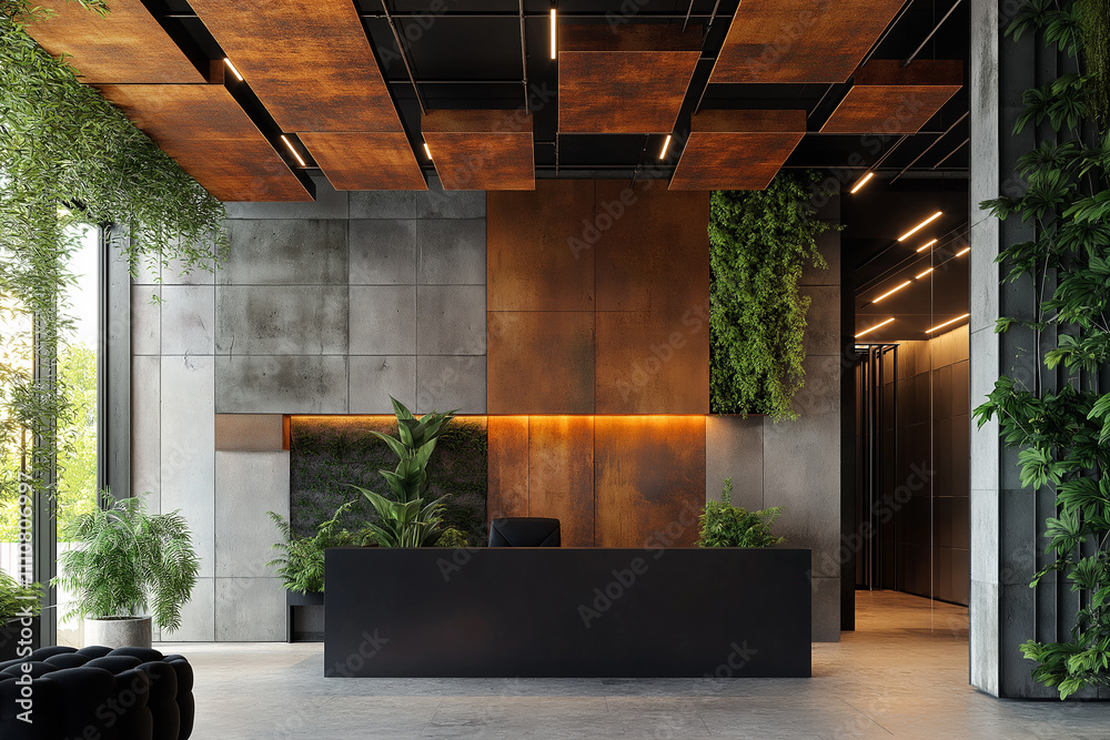 3d rendering, An office with concrete walls and an abstract ceiling made of rusted metal. The desk is in front of it, and there are some green plants around 3d rendering, An office with concrete walls and an abstract ceiling made of rusted metal. The desk is in front of it, and there are some green plants around