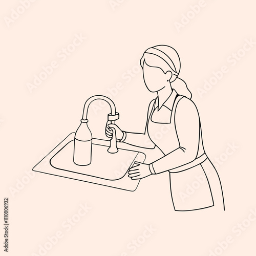 a continuous line drawing of a woman washing dishes in a kitchen sink.