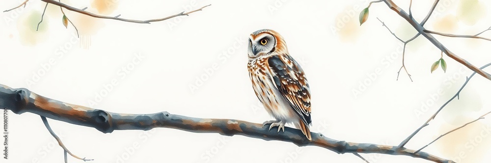 Fototapeta premium Watercolor painting of a solitary owl perched on a tree branch, watercolor, illustration