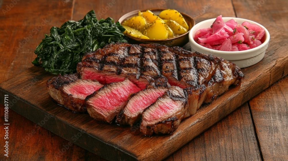 A beautifully plated steak meal featuring grilled meat, sides of greens, pickles, and onions. A beautifully plated steak meal featuring grilled meat, sides of greens, pickles, and onions.