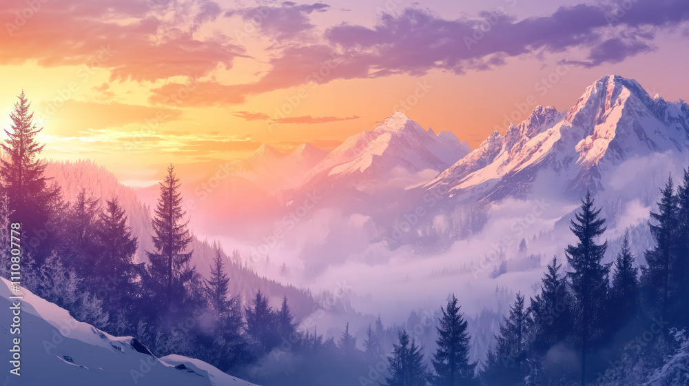 sunrise in snowy mountains with misty pine forest sunrise in snowy mountains with misty pine forest