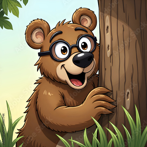 A cheerful bear with glasses peeking from behind a tree in a lush forest scene, digital illustration of character design concept. photo