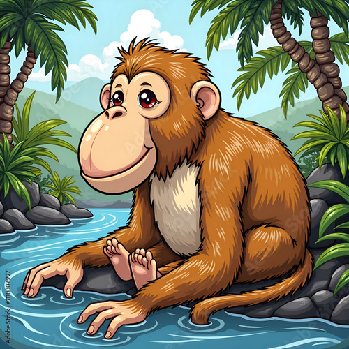 A playful monkey relaxing by a tropical river surrounded by lush greenery, digital illustration of character design concept. photo