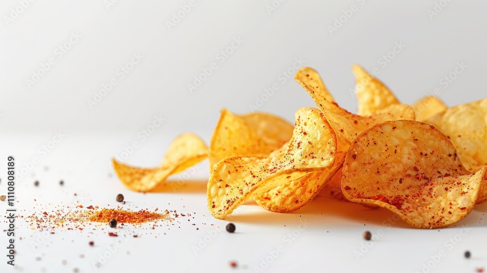 Fototapeta premium Potato chips sprinkled with seasoning on a white transparent background
