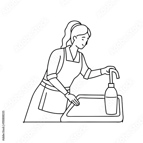 a continuous line drawing of a woman washing dishes in a kitchen sink.