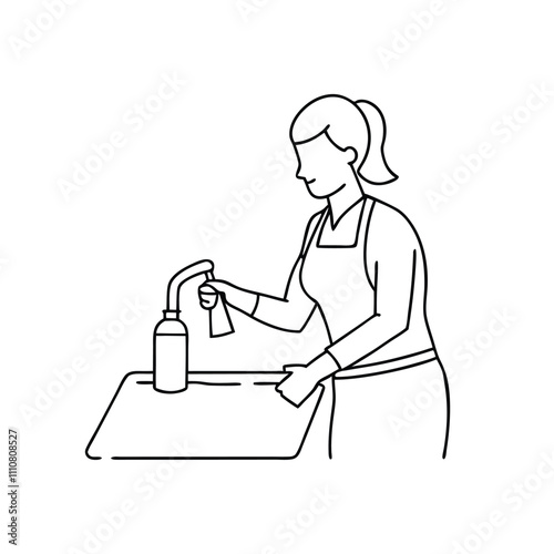 a continuous line drawing of a woman washing dishes in a kitchen sink.