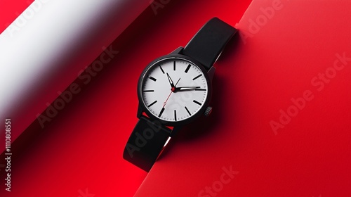 Wallpaper Mural A watch, placed on a gray paper roll and a red geometric background. Torontodigital.ca