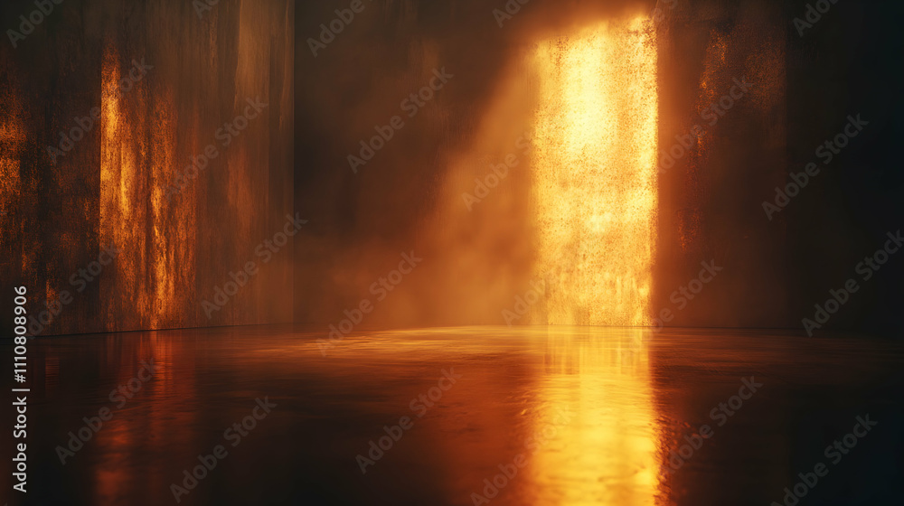 Fiery orange light illuminates a dark, smoky room with reflective floor. Fiery orange light illuminates a dark, smoky room with reflective floor.