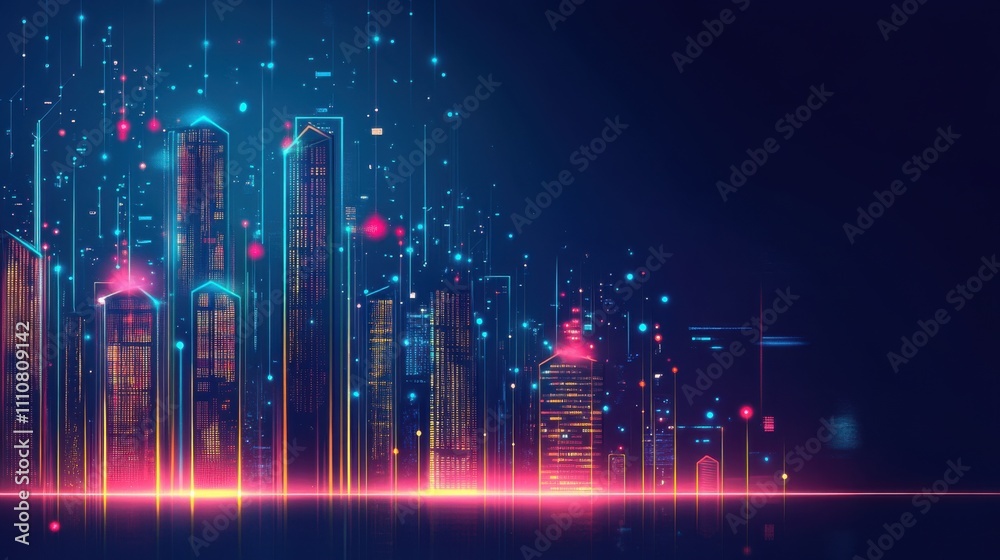 Vibrant Neon Cityscape with Futuristic Digital Elements and Lights Vibrant Neon Cityscape with Futuristic Digital Elements and Lights