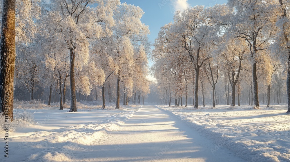 A serene winter landscape with snow-covered trees lining a tranquil path. A serene winter landscape with snow-covered trees lining a tranquil path.