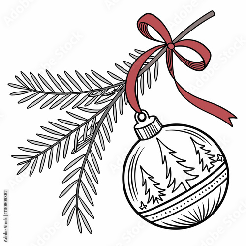 Christmas tree ball with red ribbon and green fir branch isolated on transparent background. Vector glass xmas ornament, pine evergreen plant element template