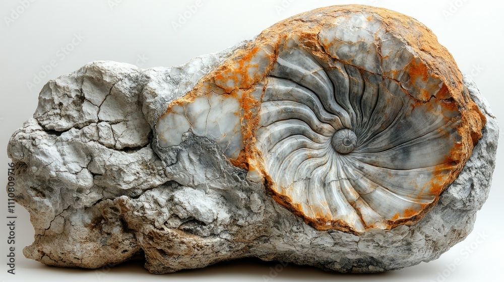 A large fossilized ammonite embedded in a rock, showcasing natural patterns and colors. A large fossilized ammonite embedded in a rock, showcasing natural patterns and colors.