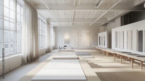 Minimalist Textile Design Studio: Expansive Fabric Sample Space with Soft Natural Light, Neutral Textures, and Contemporary Aesthetic. Ideal for Creative Inspiration.