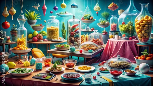 Surreal Table of Vacuum-Packed Food: A Dreamlike Scene of Culinary Wonders and Unusual Arrangements for Unique Stock Photography