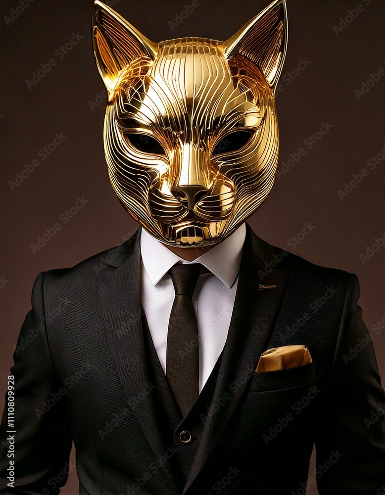 a male actor in a suit with golden mask. cat character