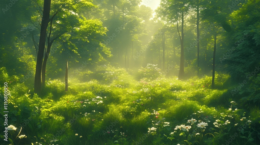 Sunlit forest path with lush greenery and blooming flowers. Sunlit forest path with lush greenery and blooming flowers.