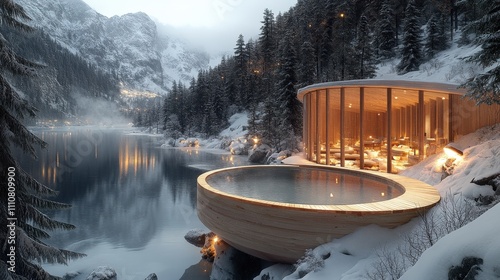 A serene winter retreat featuring a wooden sauna by a snowy lake surrounded by mountains.