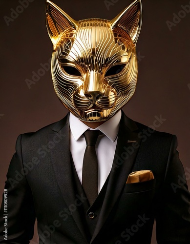 Obraz na płótnie a male actor in a suit with golden mask. cat character w salonie