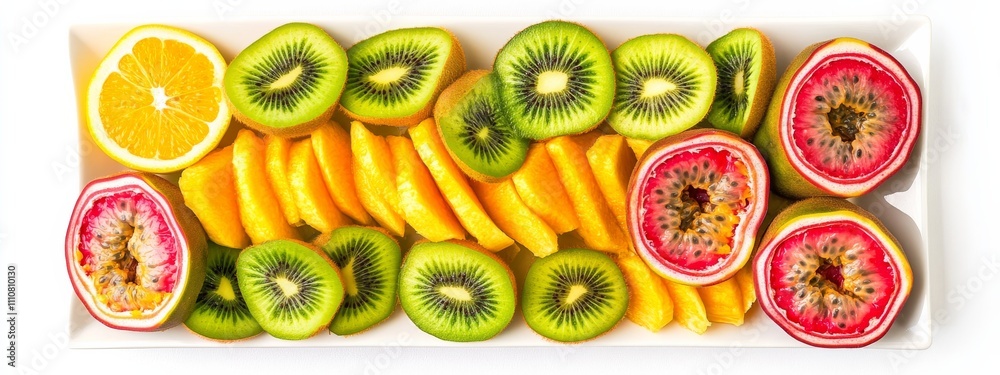 A tropical fruit platter with slices of passion fruit, guava, and kiwi A tropical fruit platter with slices of passion fruit, guava, and kiwi