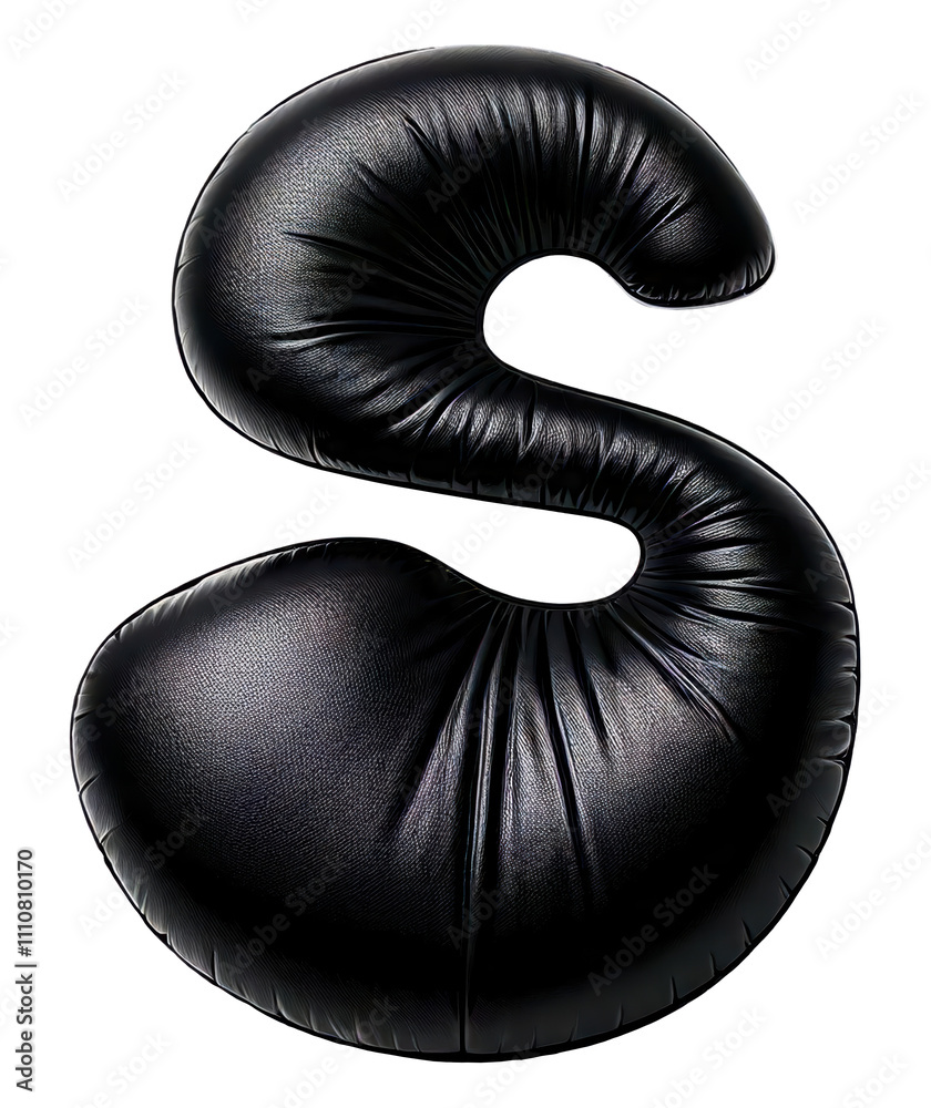 A black, twisted, and curled letter S. The letter is made of leather and has a unique, almost alien-like appearance A black, twisted, and curled letter S. The letter is made of leather and has a unique, almost alien-like appearance