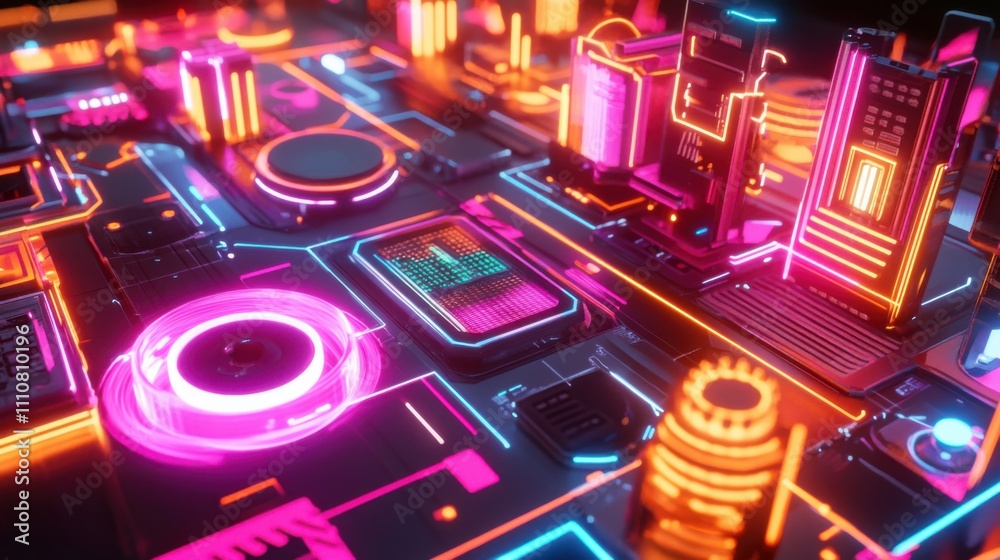Fototapeta premium Futuristic Circuit Board with Neon Lights and Vibrant Colors