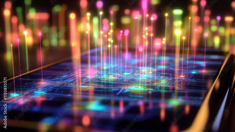 Fototapeta premium Colorful Data Visualization on Electronic Circuit Board Surface