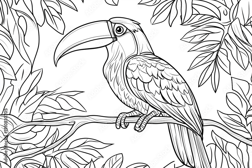 Fototapeta premium cartoon style black and white coloring book page, Toucan