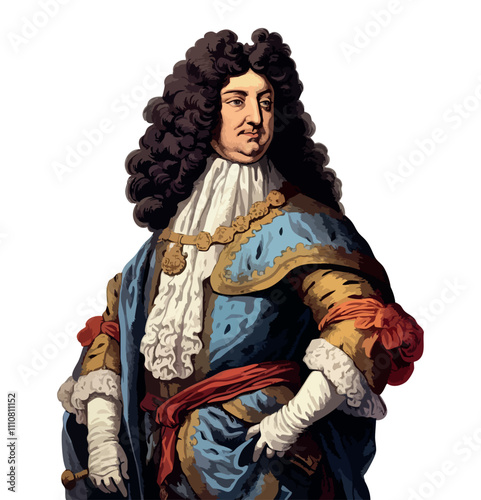 Illustrated Vector Drawing of Louis XIV of France. Louis XIV, the "Sun King", reigned France for 72 years, known for his absolute monarchy, lavish court at Versailles, and expansion of French power.