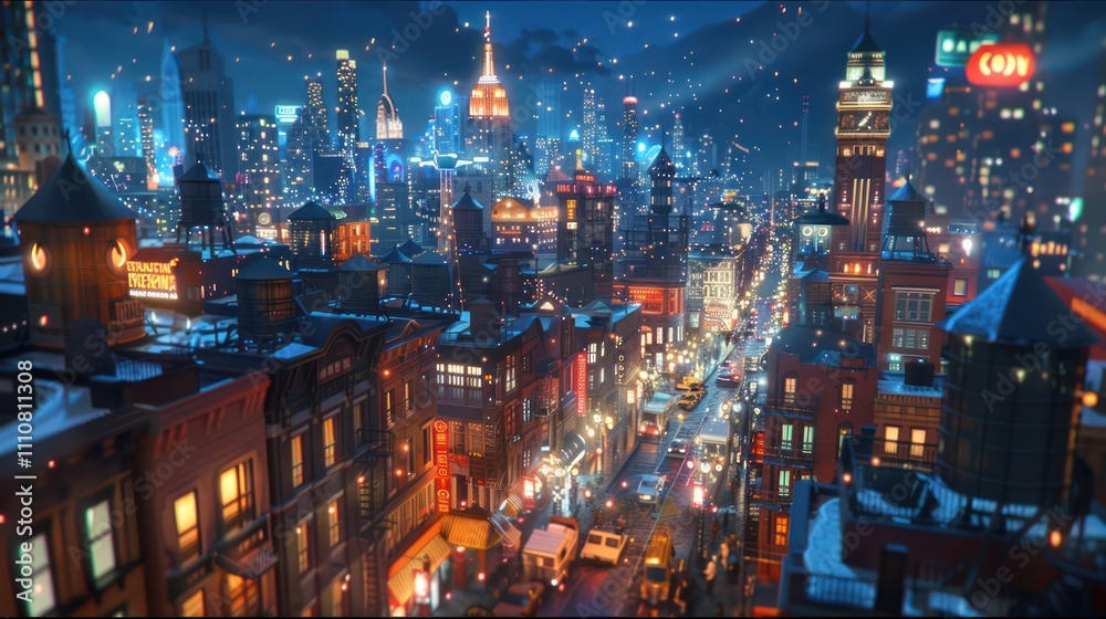 Animated city view at night featuring lights Animated city view at night featuring lights