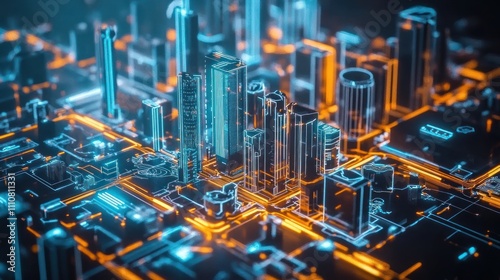 Futuristic city skyline on a circuit board.