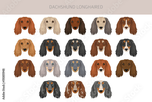 Dachshund long haired dog clipart. Different coat colors set.  Vector illustration