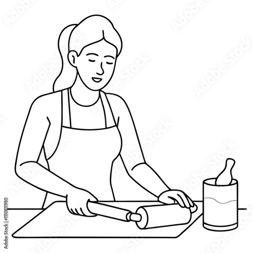 A focused woman rolling out dough on a wooden board in a kitchen, wearing an apron