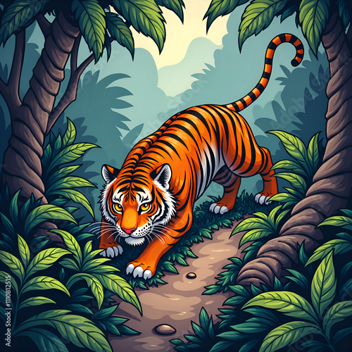 A majestic tiger navigating through lush jungle foliage under a soft morning light, digital illustration of wildlife art concept. photo