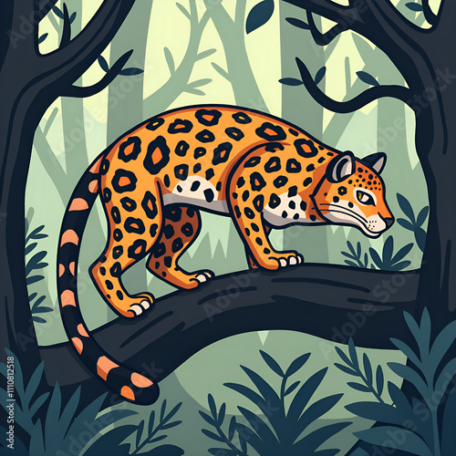 A vibrant leopard contemplating its surroundings under canopy of lush jungle foliage, digital art of illustration concept.