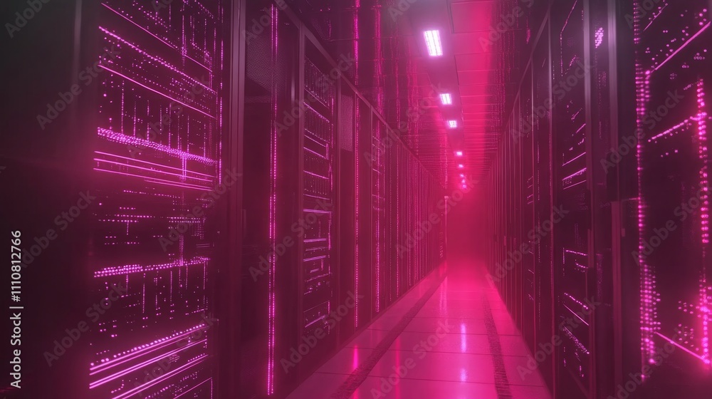 Fototapeta premium A Futuristic Pink Server Room, Glowing with Data