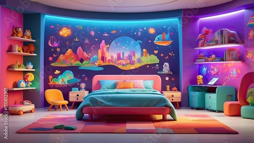 Kids’ bedroom with interactive smart walls for learning, a holographic storytime assistant, and colorful furniture.